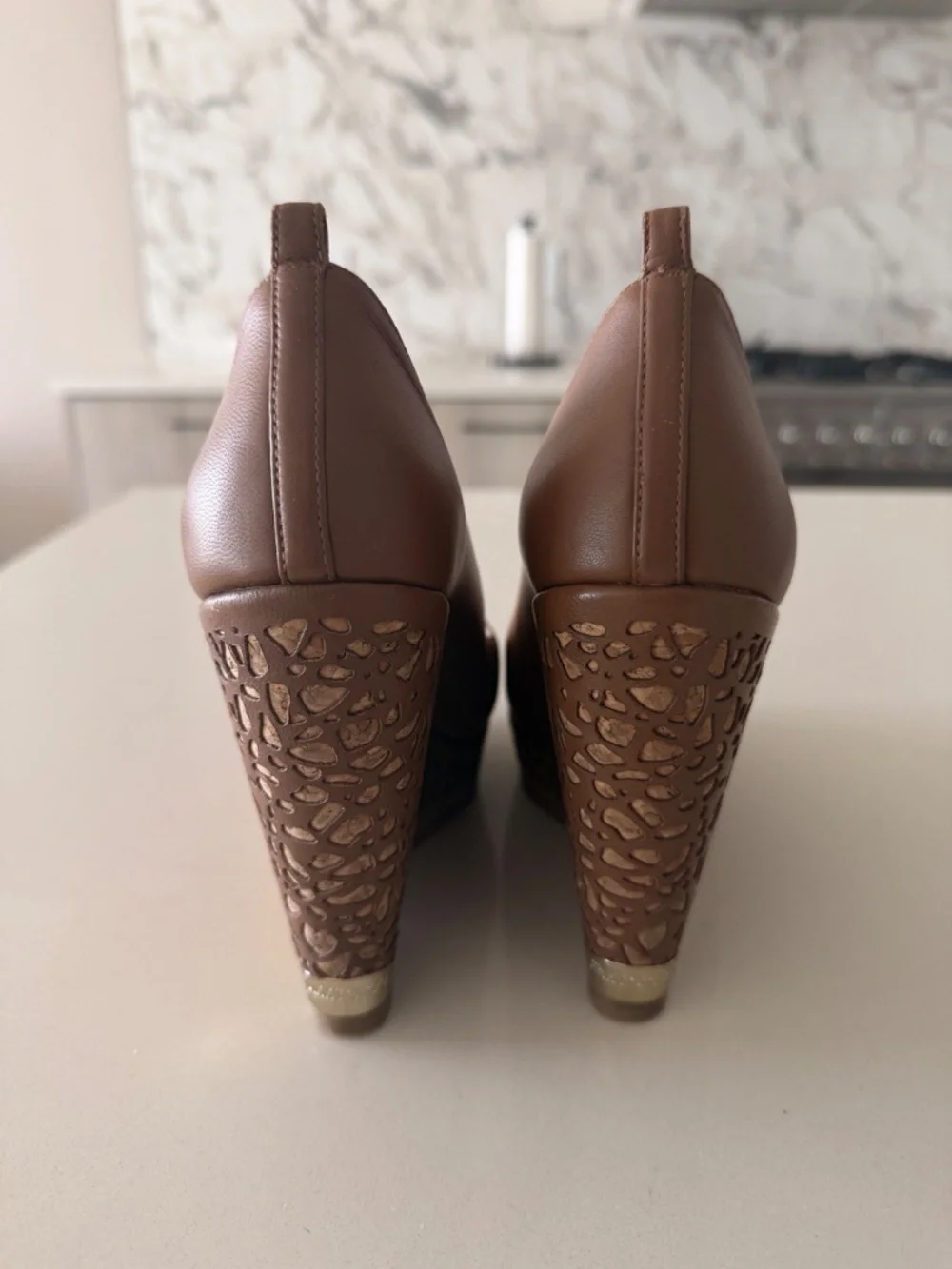 Jimmy Choo Brown Leather Peep Toe Cork Wedge Pumps EU 38 - Picture 3 of 4
